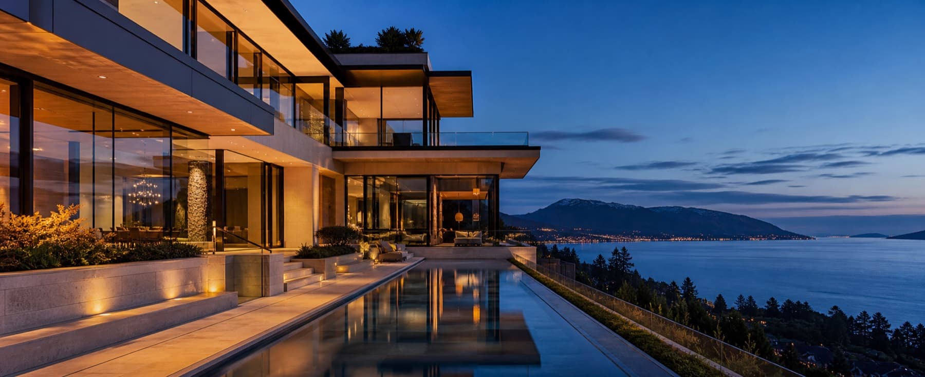 Conceptual West Vancouver luxury residence at blue hour