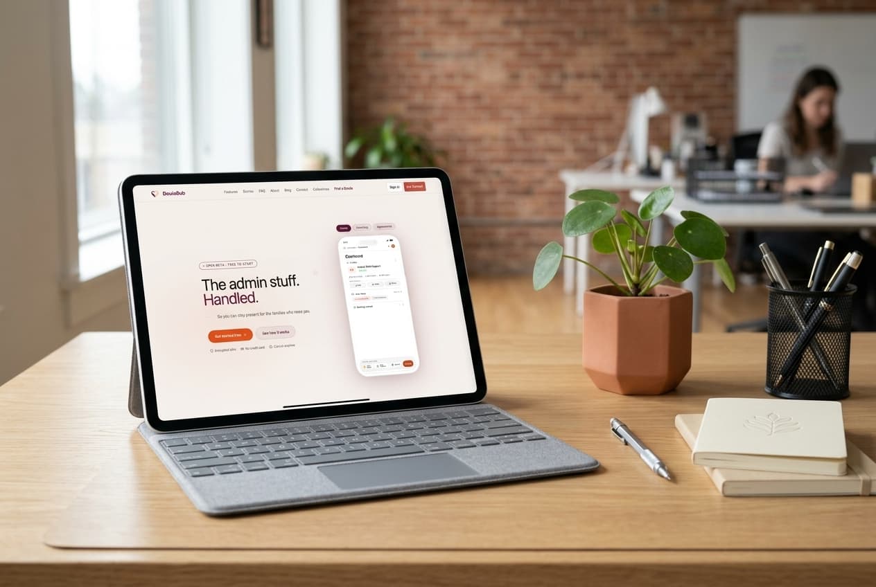 DoulaBub product mockup showing community platform on a tablet