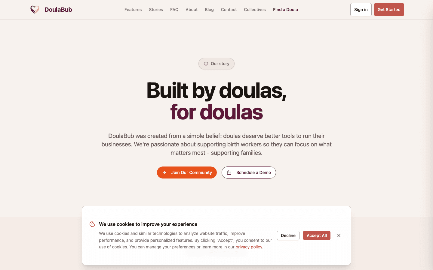DoulaBub about page as it appears on the live site