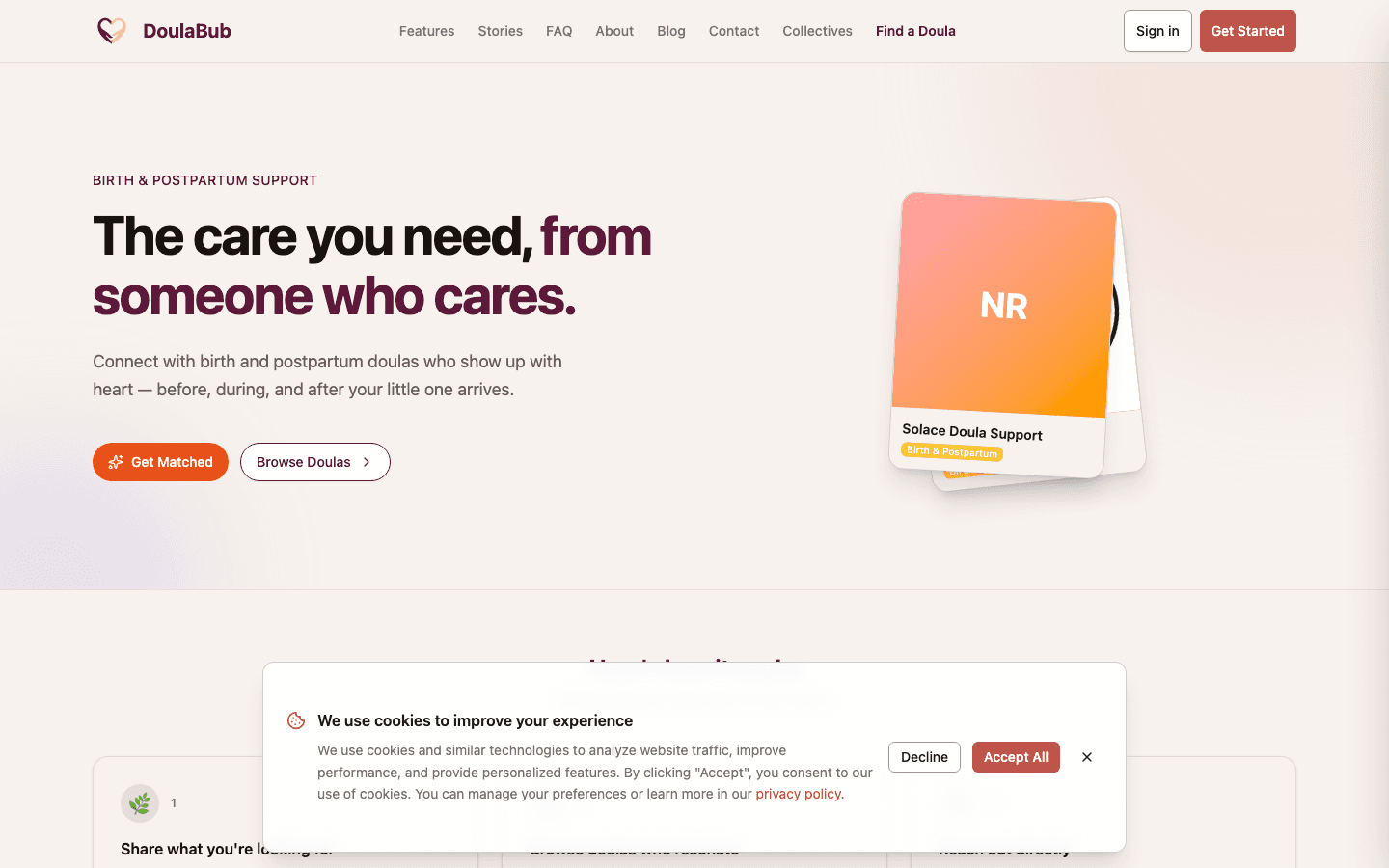 DoulaBub public doula directory as it appears on the live site