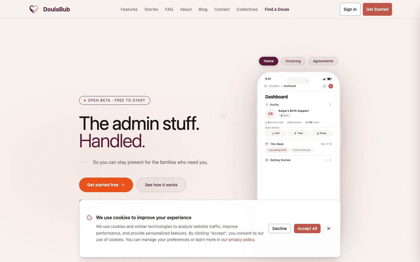 DoulaBub homepage as it appears on the live site