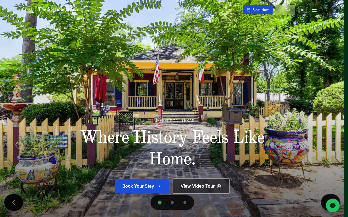 The Steamboat Inn homepage as it appears on the live site