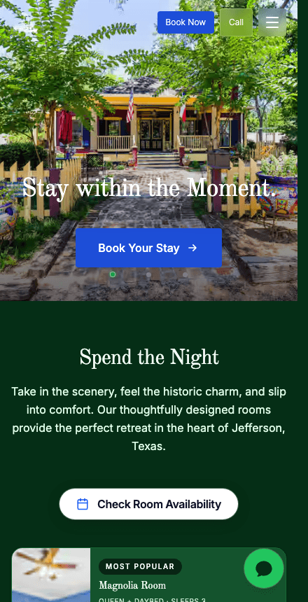 The Steamboat Inn homepage on mobile as it appears on the live site