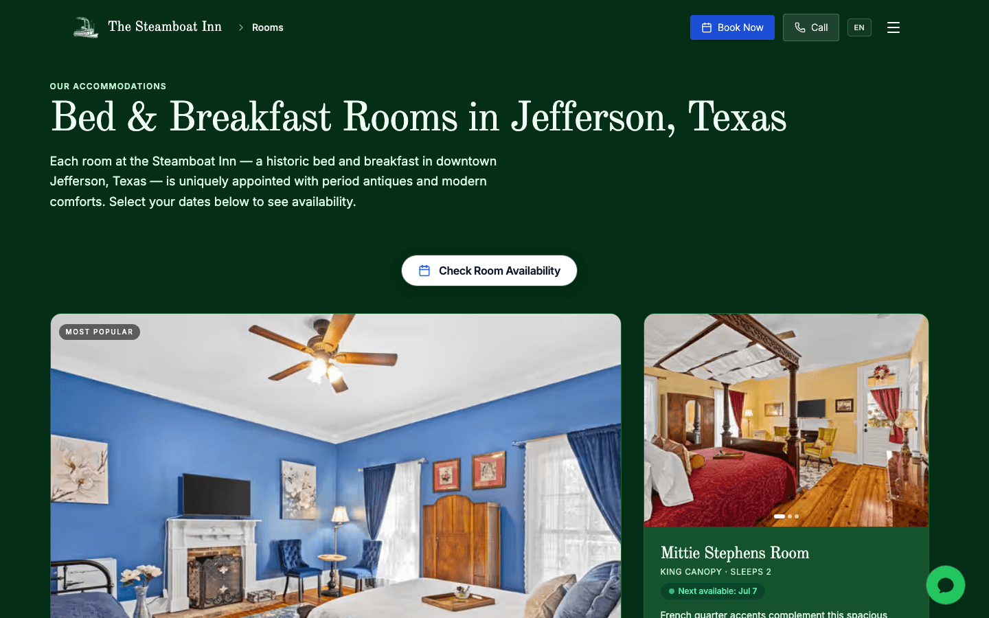 The Steamboat Inn rooms page as it appears on the live site